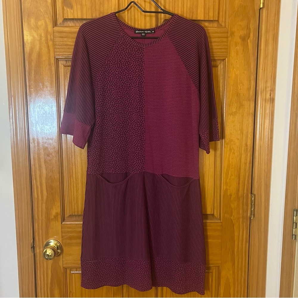 GUDRUN SJODEN Burgundy 
Floral Striped A-Line 3/4
Sleeve Knee Dress Size XS